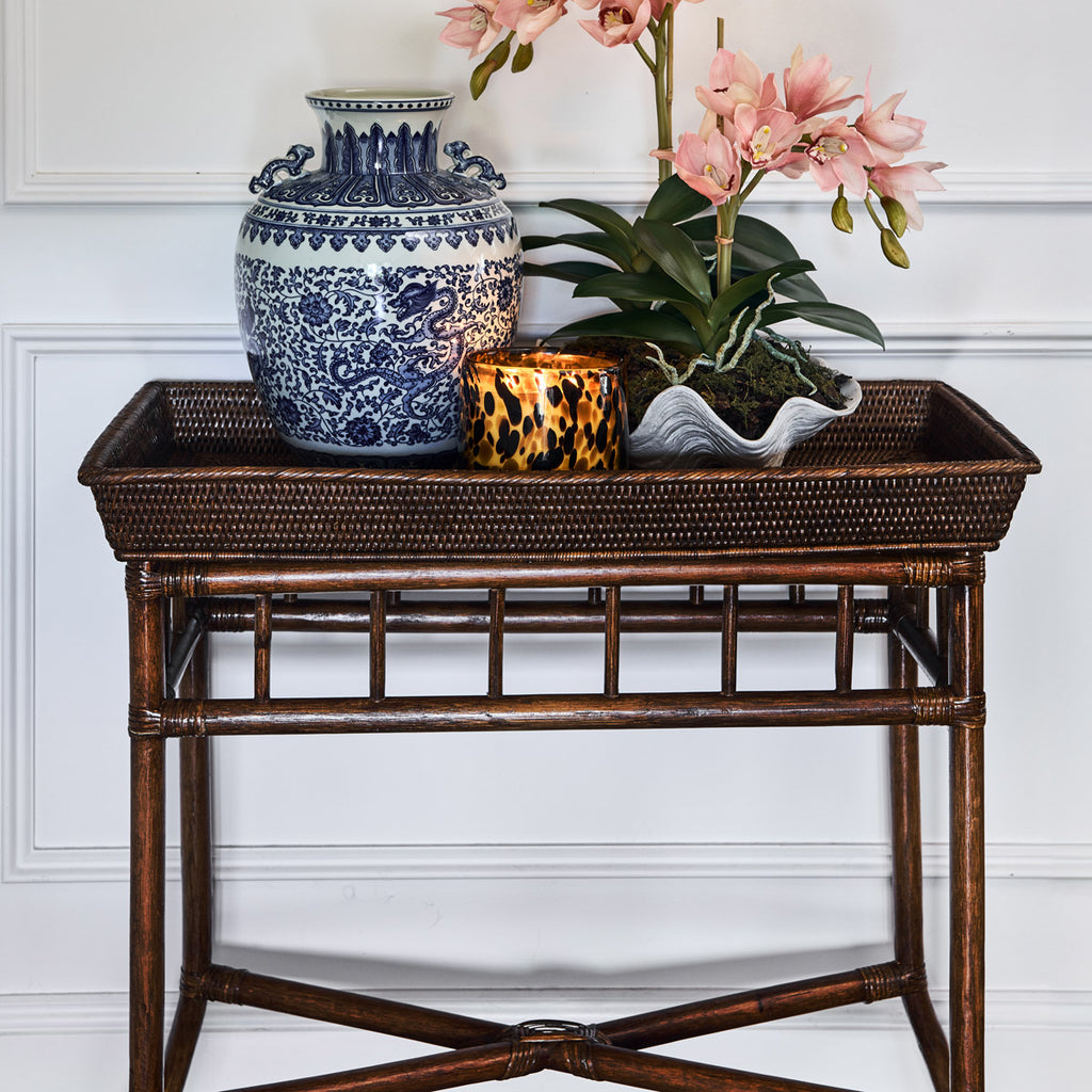 Rattan Tray Console Styled With Blue & White