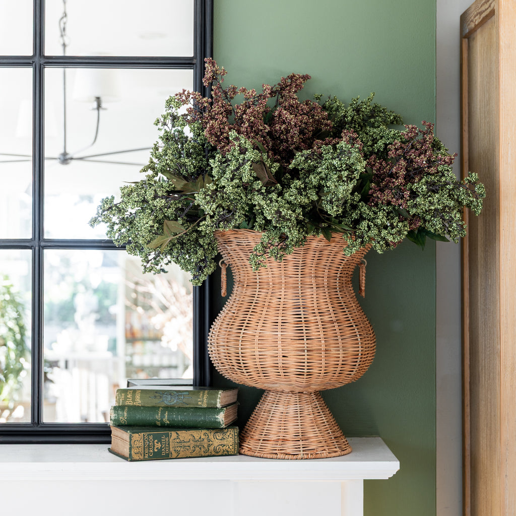 Rattan Vase Basket Styled on Mantle with Florals and Books