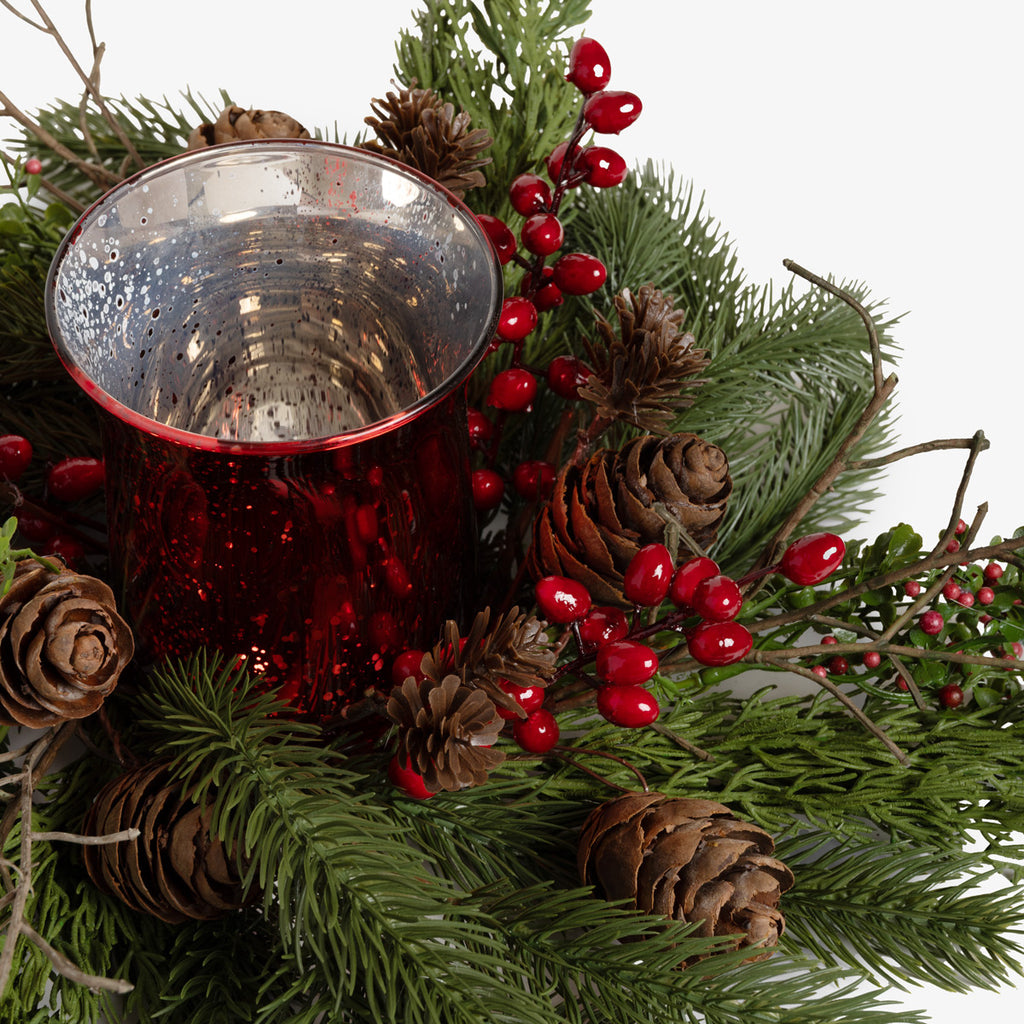 Red Berry Pine Candle Wreath Detail