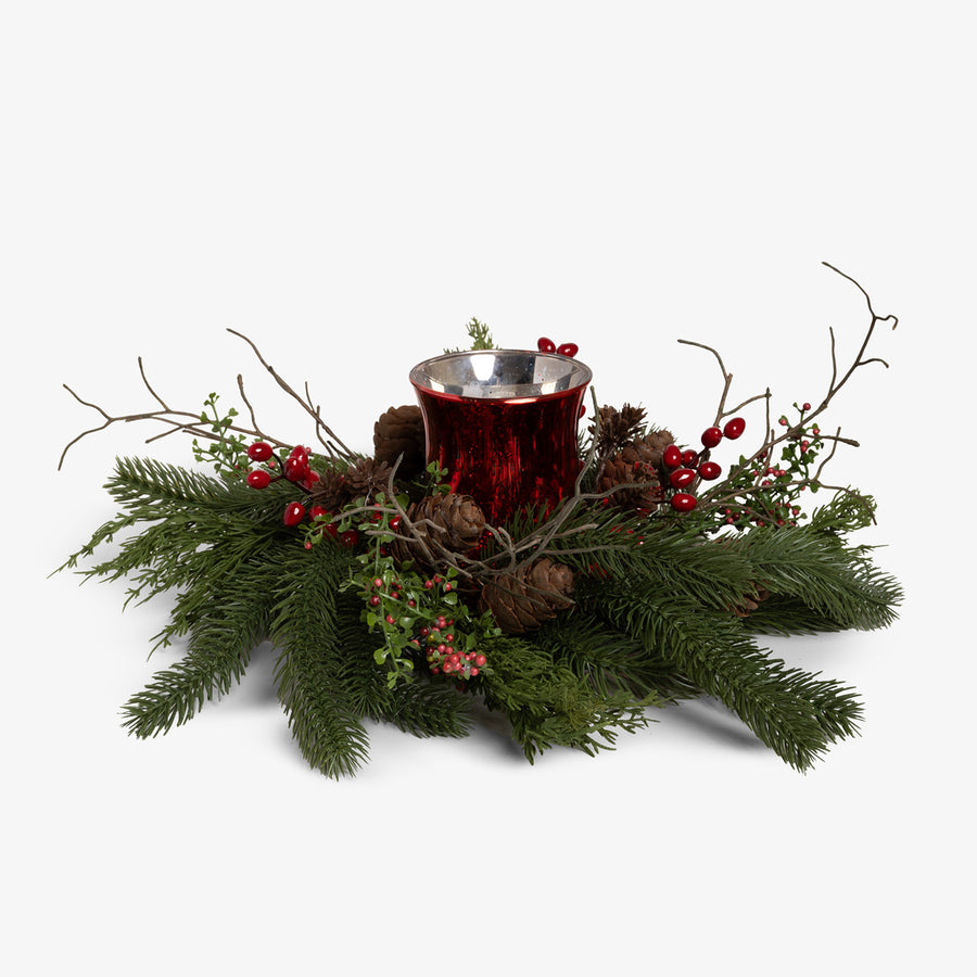 Red Berry Pine Candle Wreath Front