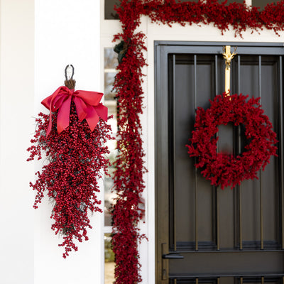 Red Berry Teardrop with Lights 75cm Styled in Front of House