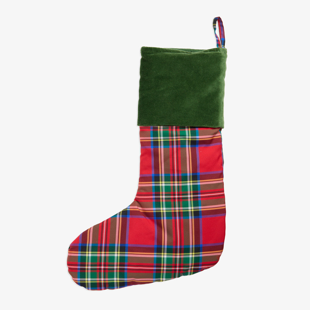 Red Tartan Stocking With Green Velvet Back View