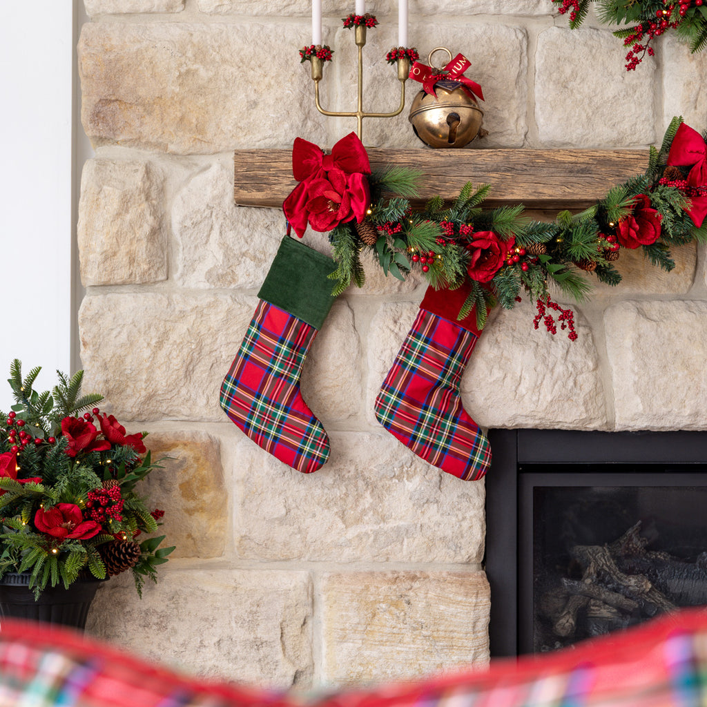 Red Tartan Stocking With Red Velvet Styled Hanging from Mantle
