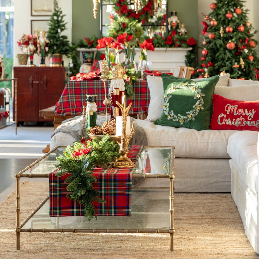 Red Tartan Table Runner With Green Velvet Styled in Living Room with Christmas Decor and Sofa with Christmas Cushions