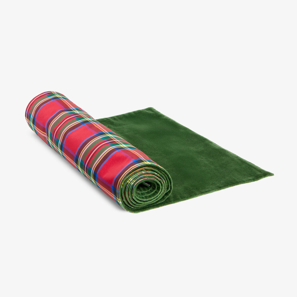 Red Tartan Table Runner With Green Velvet Front View