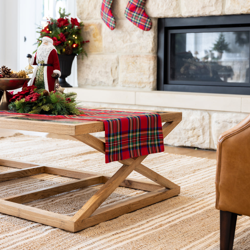 Red Tartan Table Runner With Red Velvet Styled on Coffee Table with Christmas Decor