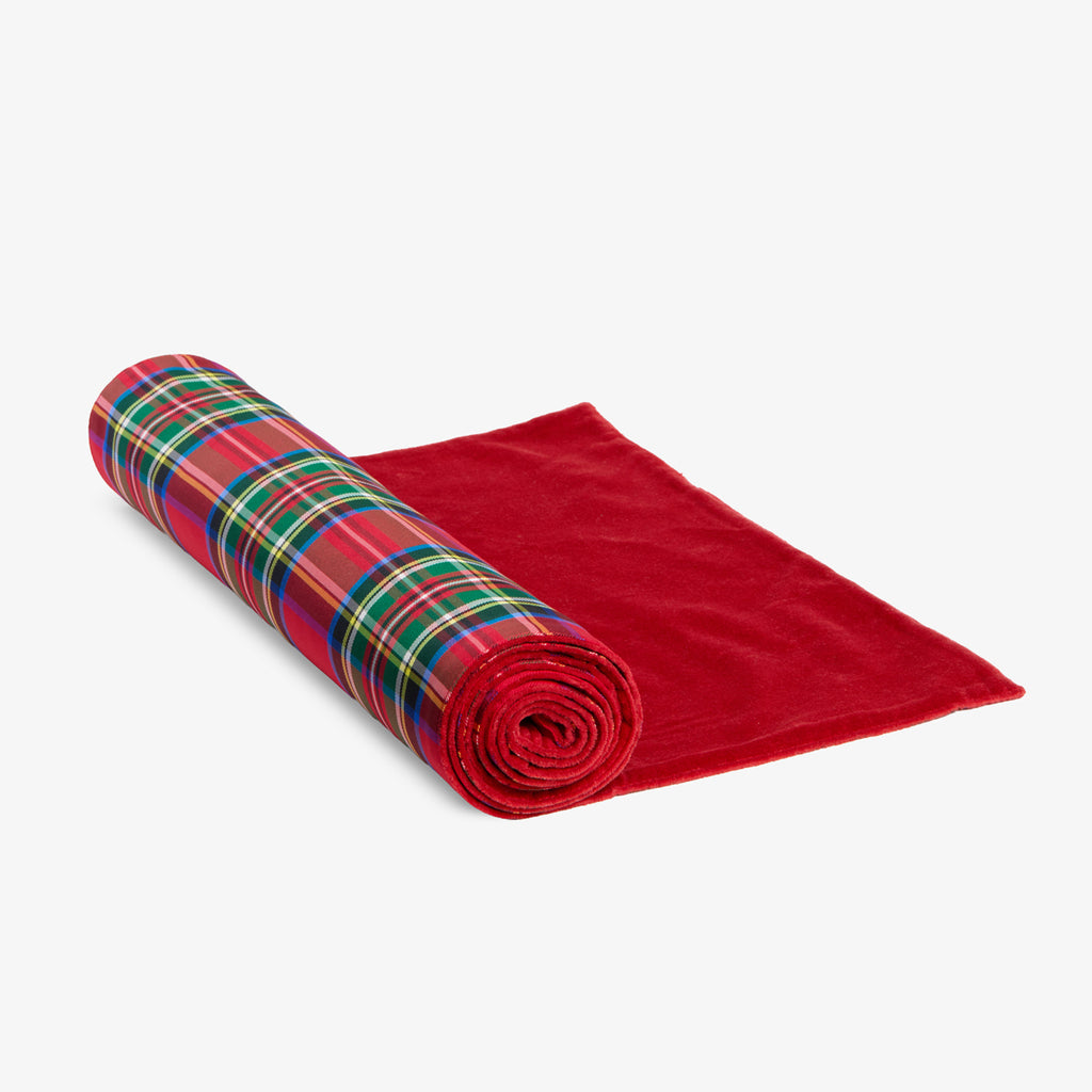 Red Tartan Table Runner With Red Velvet Front View