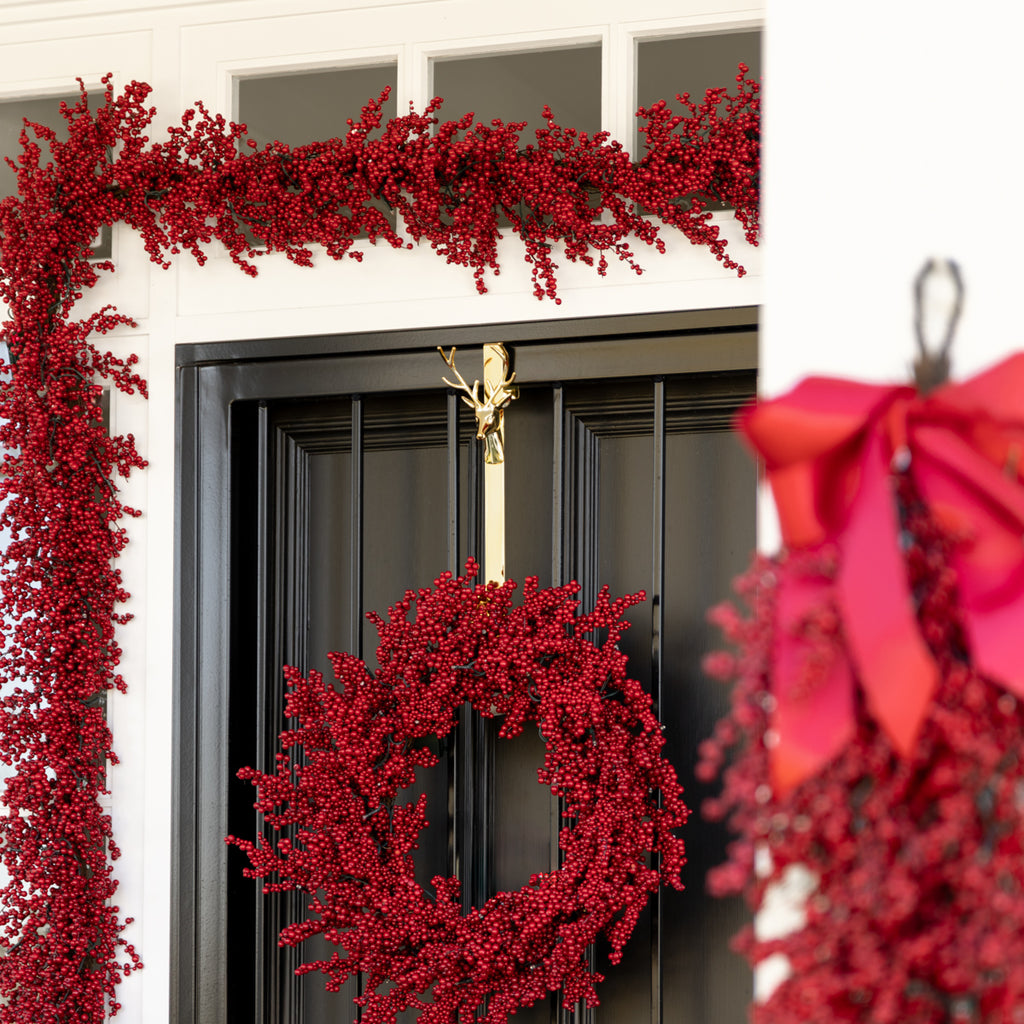 Reindeer Wreath Hanger (Gold) Styled on Black Door with Red Berry Wreath