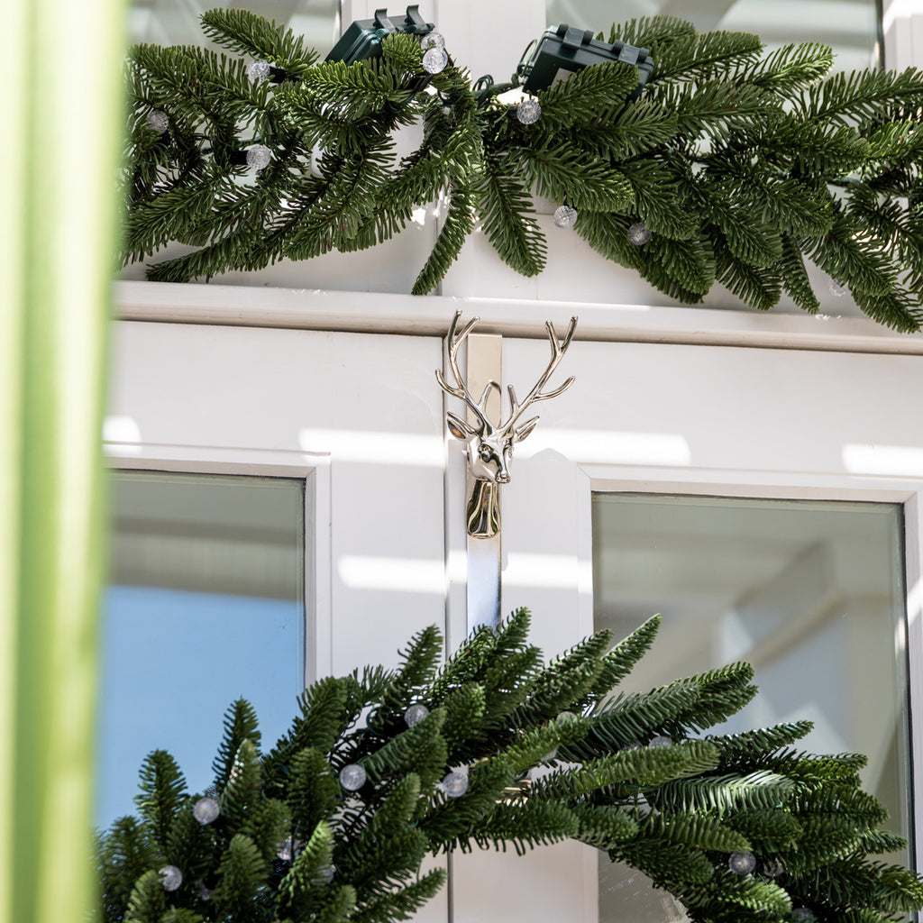 Reindeer Wreath Hanger (Silver) Styled on Door with Green Wreath