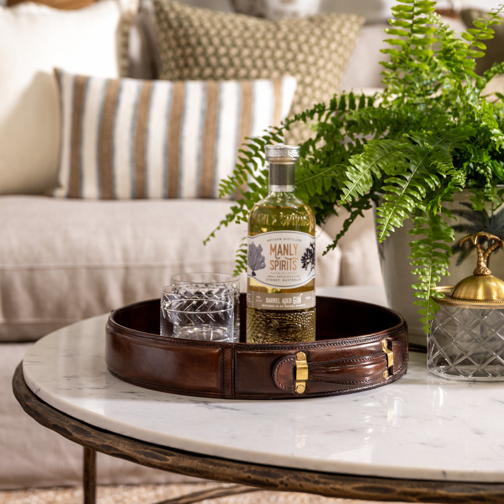 Round Leather Trays Styled on Coffee Table
