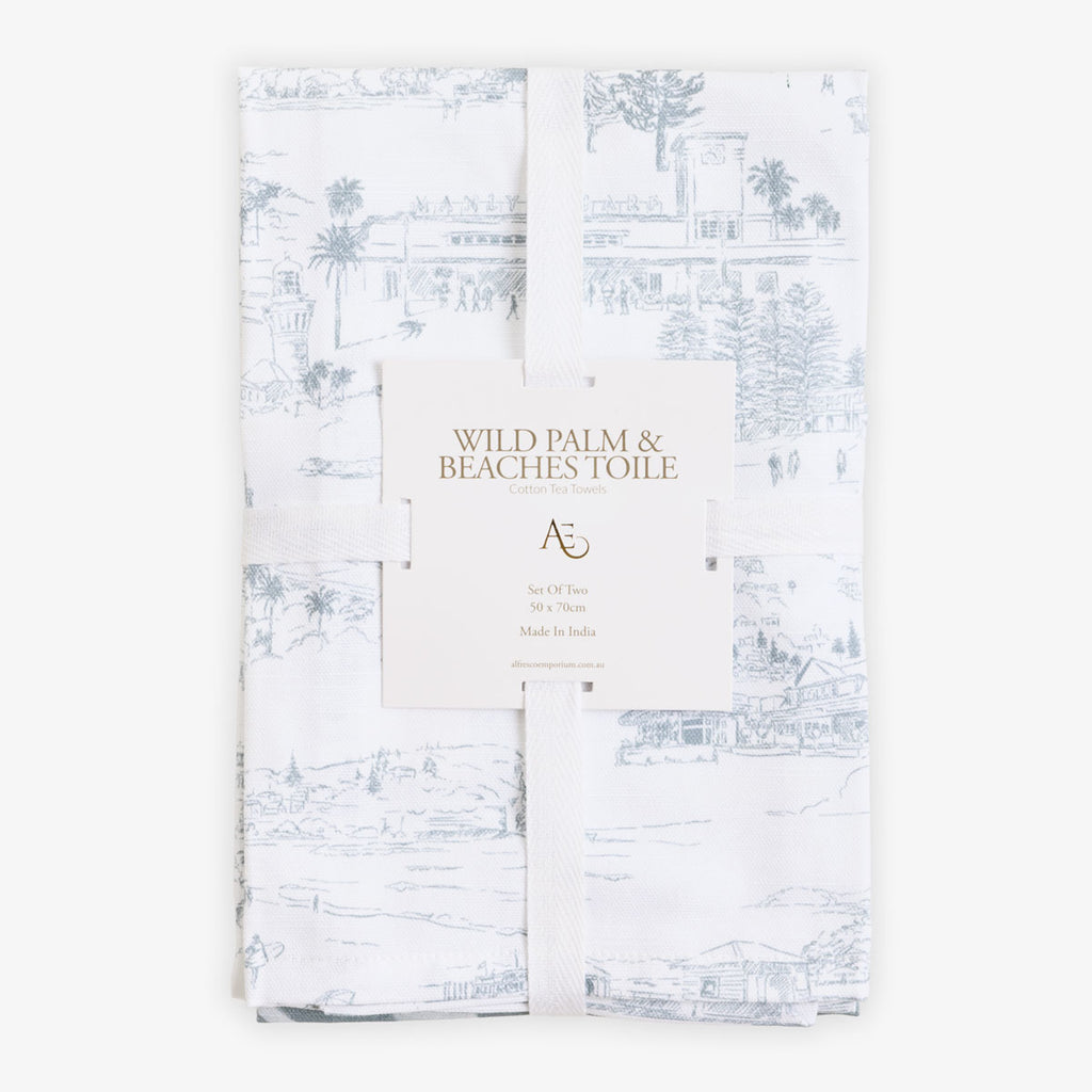 Wild Palm & Beaches Blue Toile Tea Towels (Set of 2) Front View