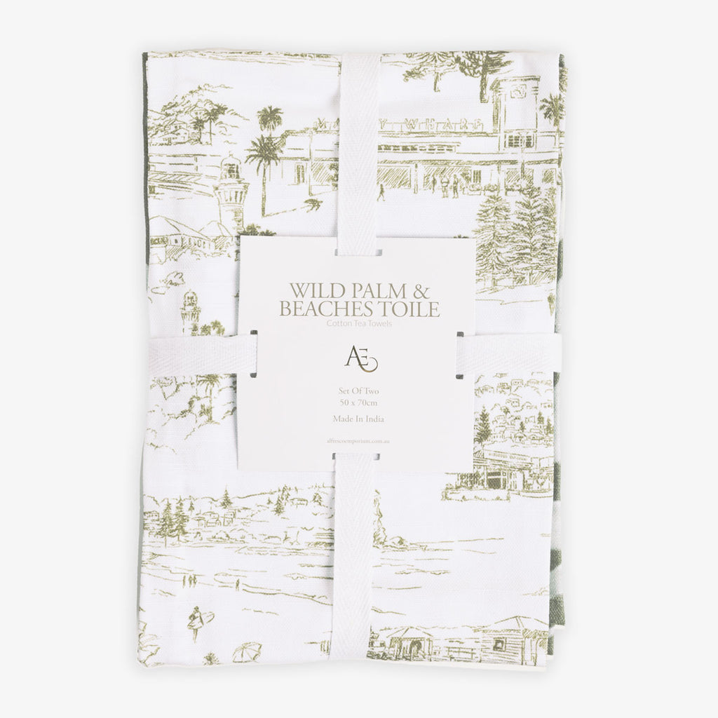 Wild Palm & Beaches Green Toile Tea Towels (Set of 2) Front View