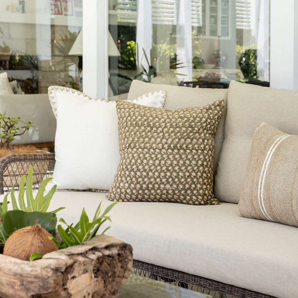 Sage Block Print Cushion Cover Styled Outside on Outdoor Lounge