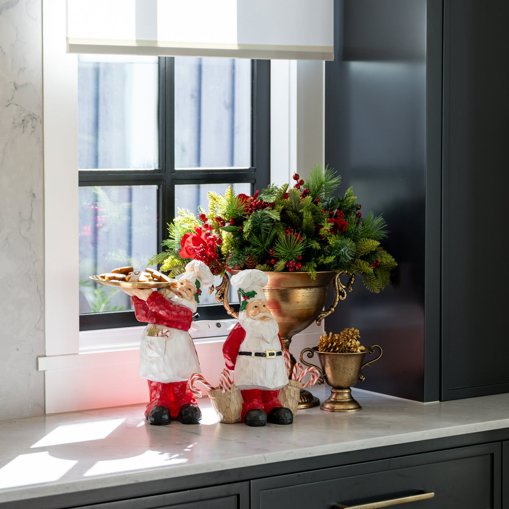 Santa Ornament with Tray Styled with Gingerbread Men and Pots with Flowers