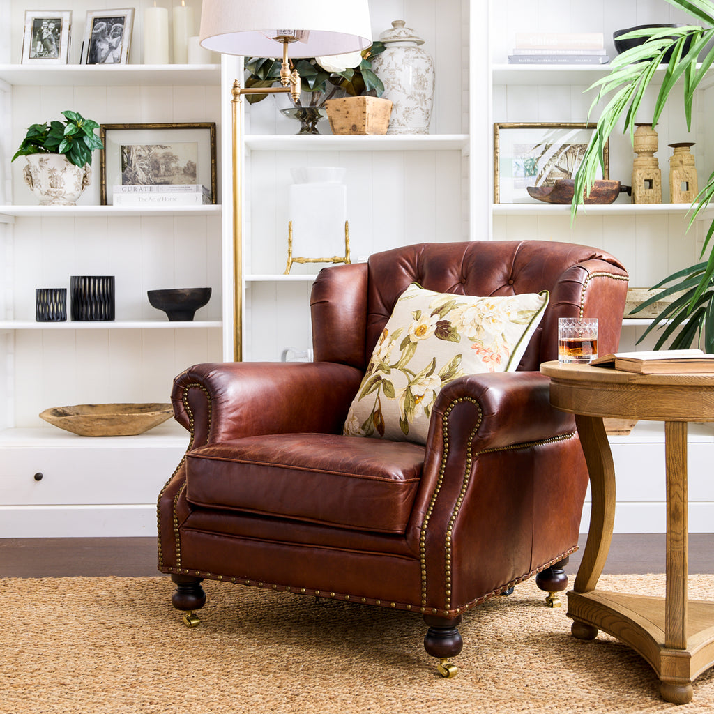 Santiago Tufted Leather Wingback Armchair (Brown) Styled in Living Room