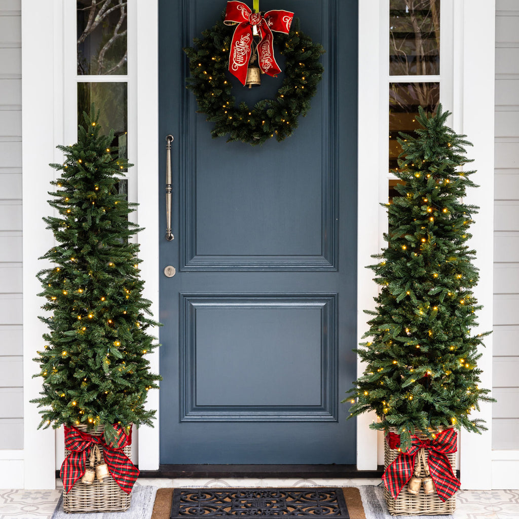 Vermont Green Pre-Lit Christmas Trees (Slim) Styled On Entryway