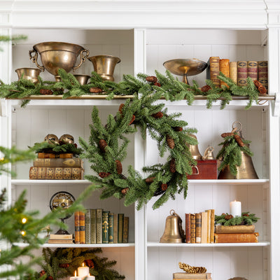 Spruce Pinecone Wreaths Styled on Bookcase