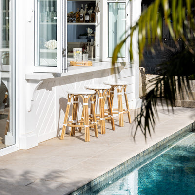 St Tropez Stool (White Single Weave) Styled at Outdoor Bar 