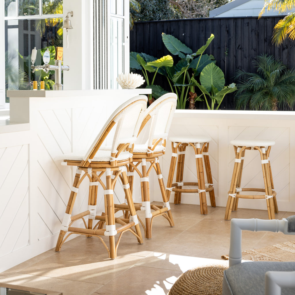 St Tropez Swivel Counter Bar Stool (White Single Weave) Styled at Bar Inside Pool House