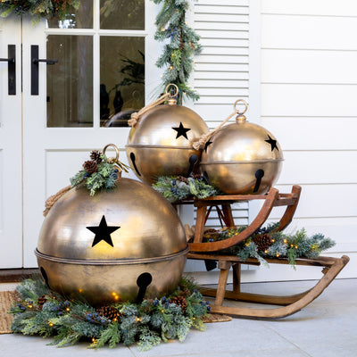 Star Bell Ornaments (Oversized, Gold) Styled in Entryway on Sleds