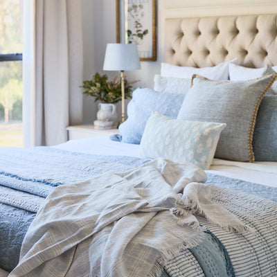 Striped Linen Throw With Fringe (Blue & White) Styled