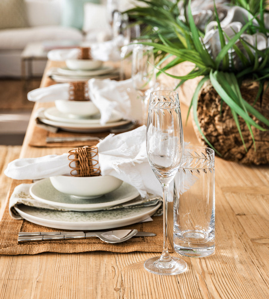 Vine glassware on recycled elm dining table.