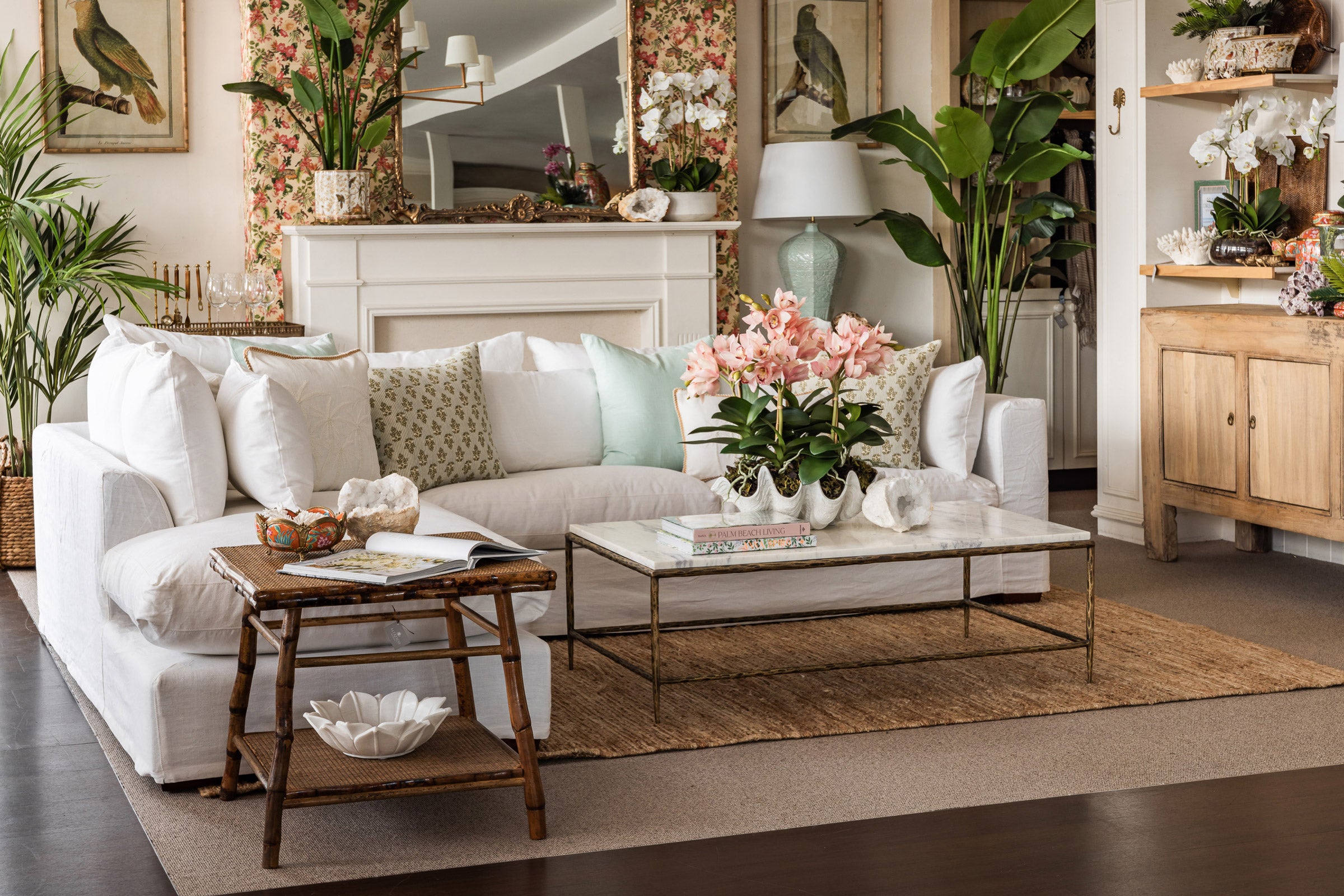 Tropical style living room with white linen sofa.