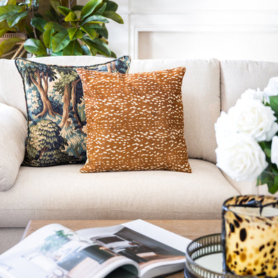 Printed Cowhide Cushion Cover (Tan Deer) Styled On Lounge