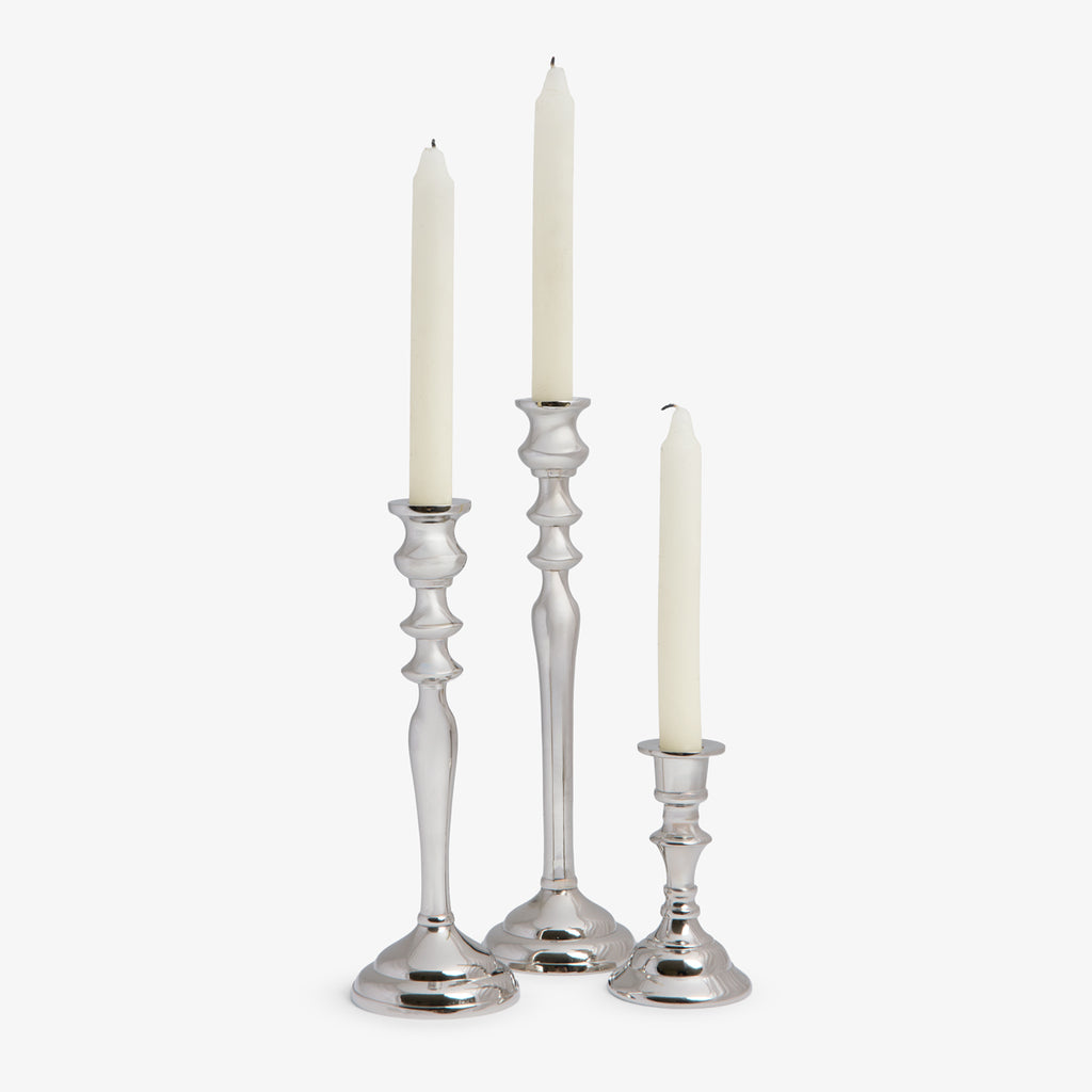 Tapered Candlestick Holders (Silver) Group Shot with Candles