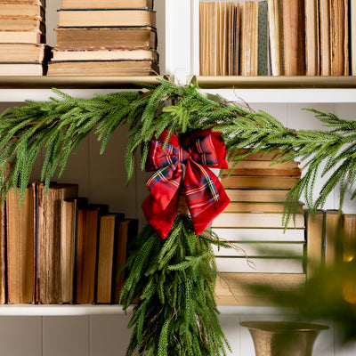 Tartan Christmas Bow With Red Velvet Styled on Bookcase