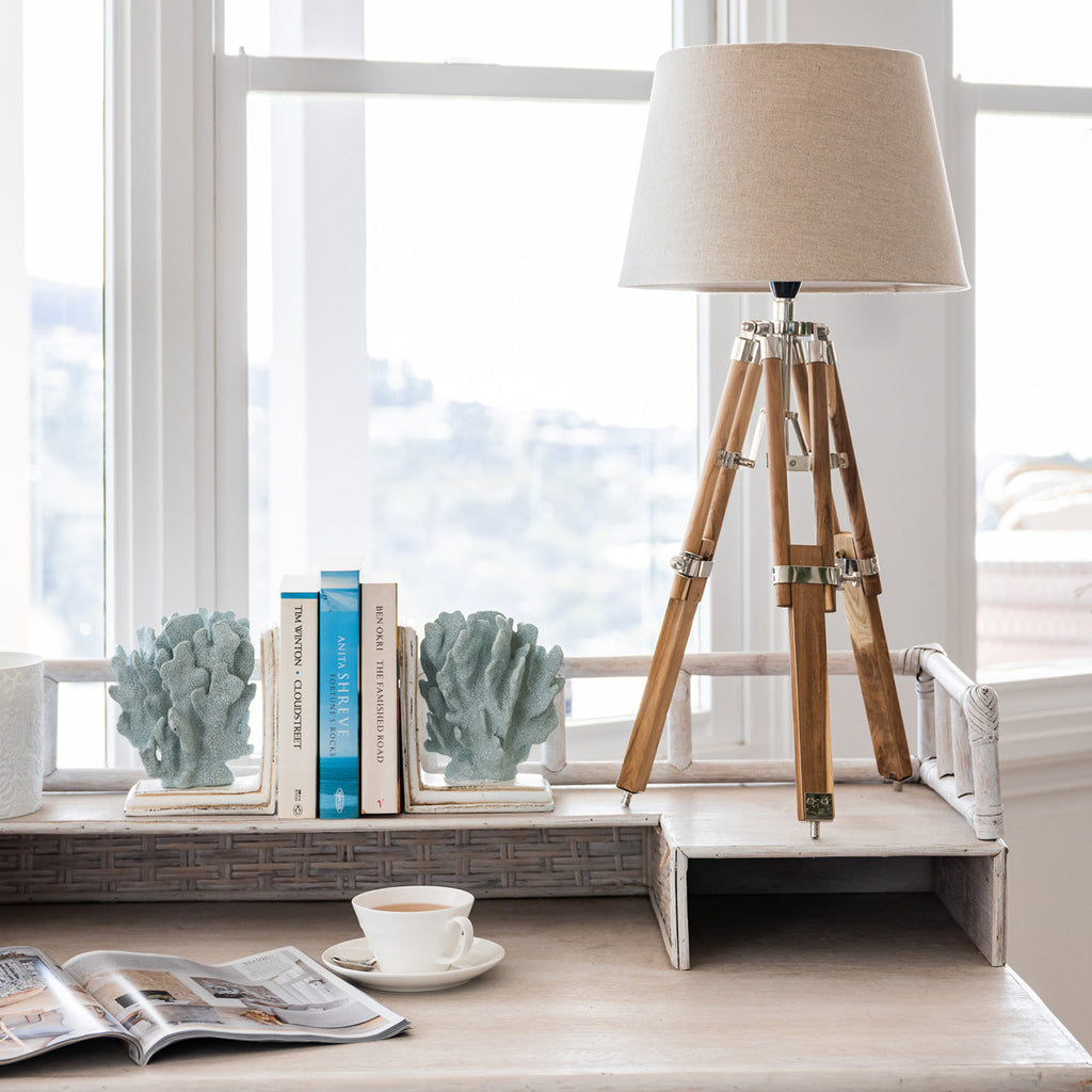 Teak Tripod Lamp Linen Shade Styled On Desk