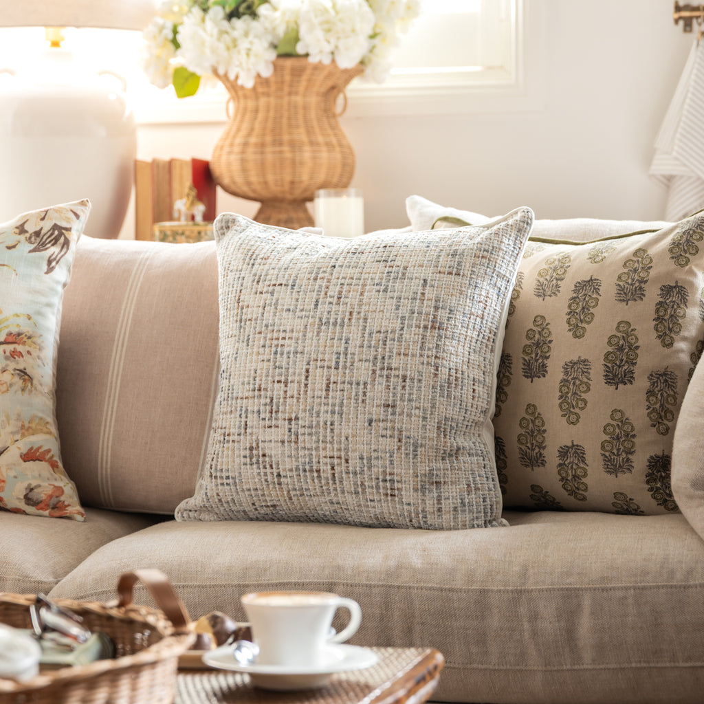 Textured Velvet Cushion Cover Beige Styled on Sofa