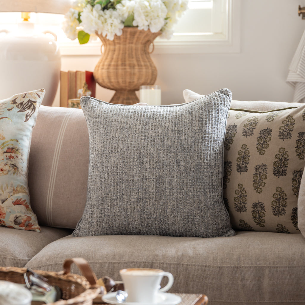 Textured Velvet Cushion Cover Grey Styled on Sofa