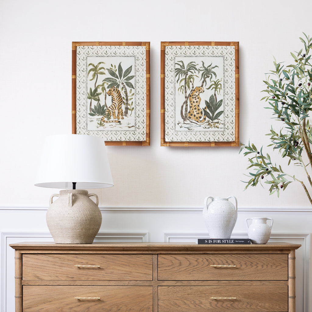 Tiger & Palm Print Styled Above Chest with Lamp and Urns