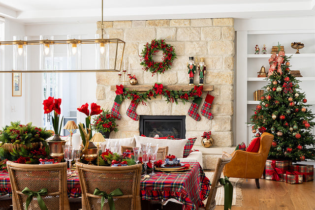 Christmas dining room & living room decorated in green and red colours.