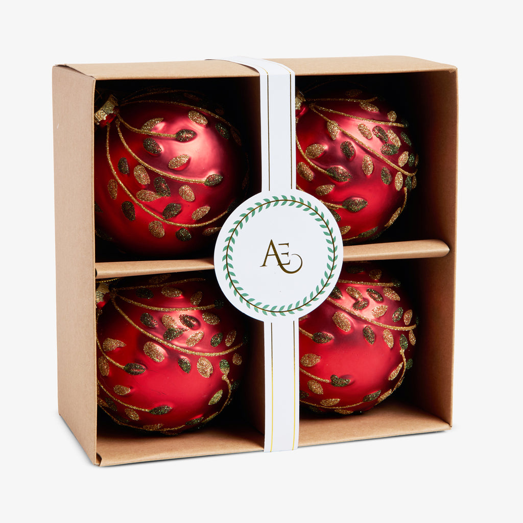 Trailing Leaf Baubles Set Of 4 (Red) In Box