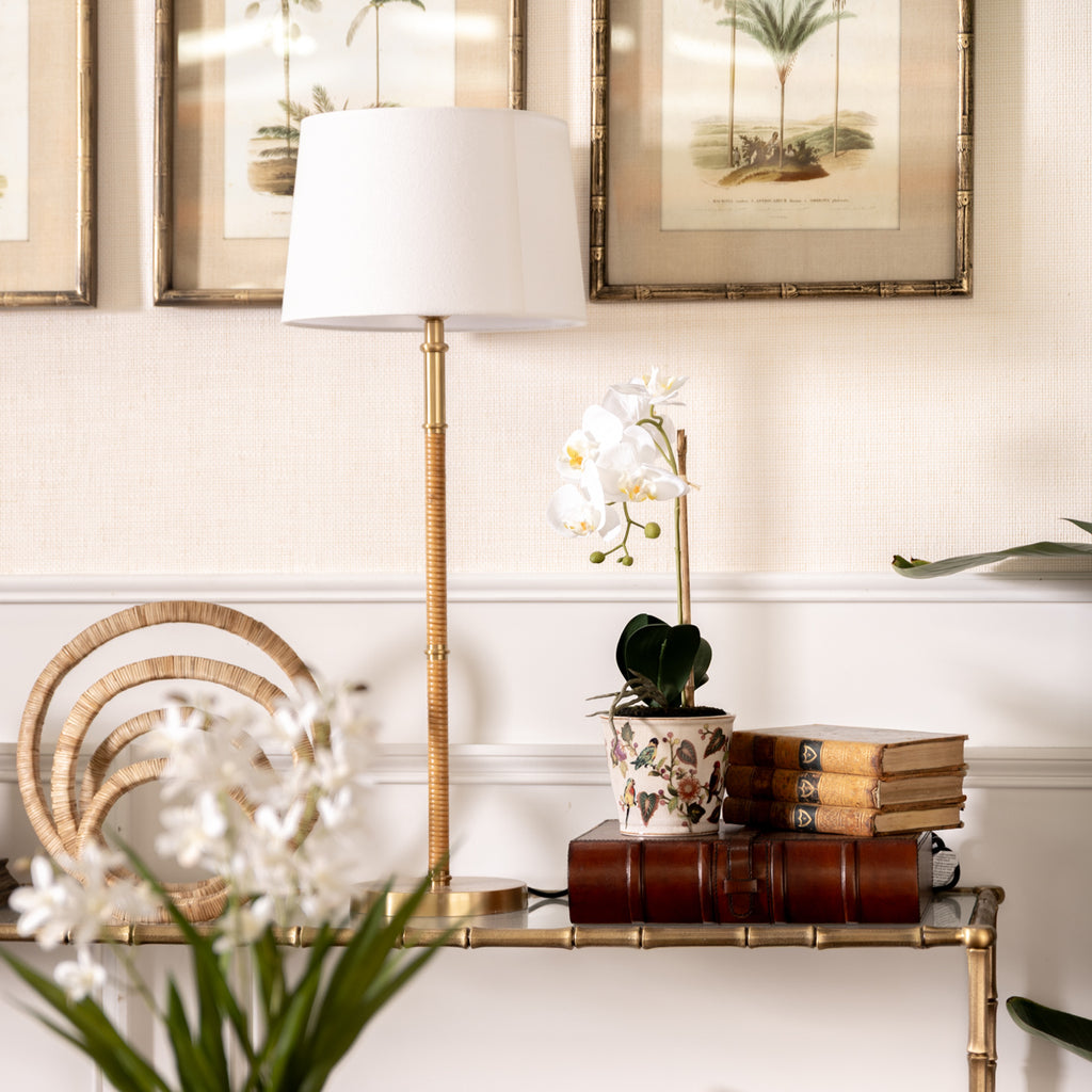 Tropical Bird & Flower Planters Styled on Console on Top of Leather Case