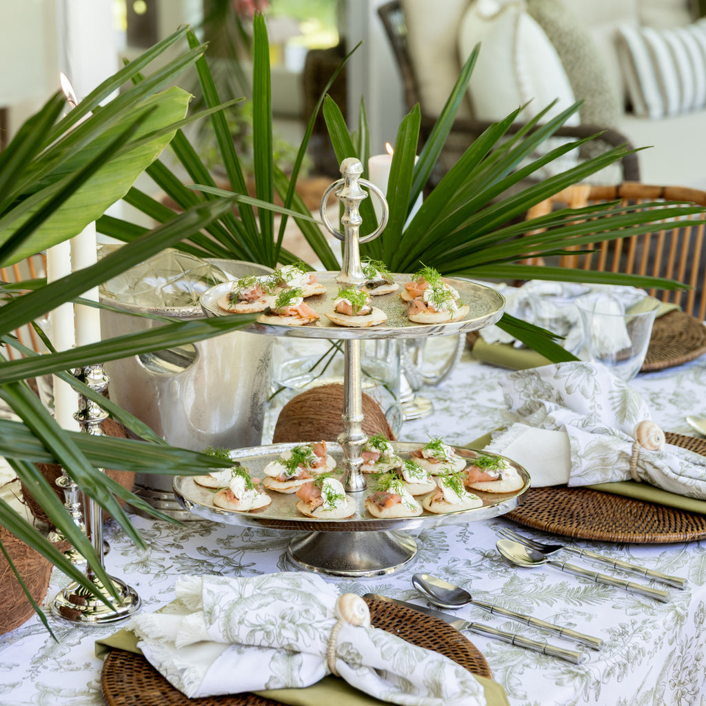 Two-Tier Oval Cake Stand (Silver) Styled on Island Outdoor table with Cakes
