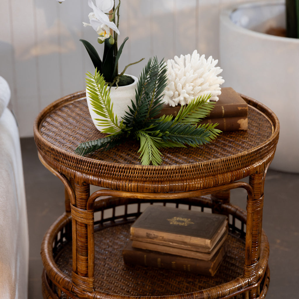  Valentina Rattan Side Table Styled in Living Room with Plants and Books