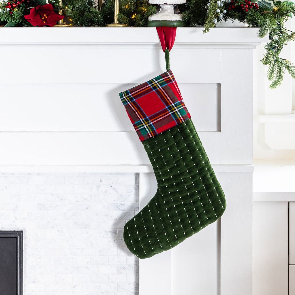 Velvet Quilted Plaid Stocking (Green) Styled