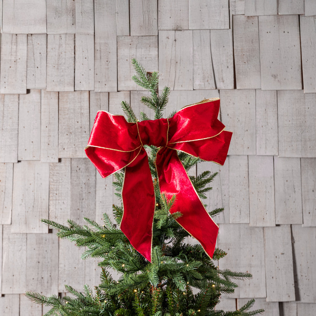 Velvet & Sparkle Wire Ribbon (Red & Gold) Styled on Christmas Tree in Bow