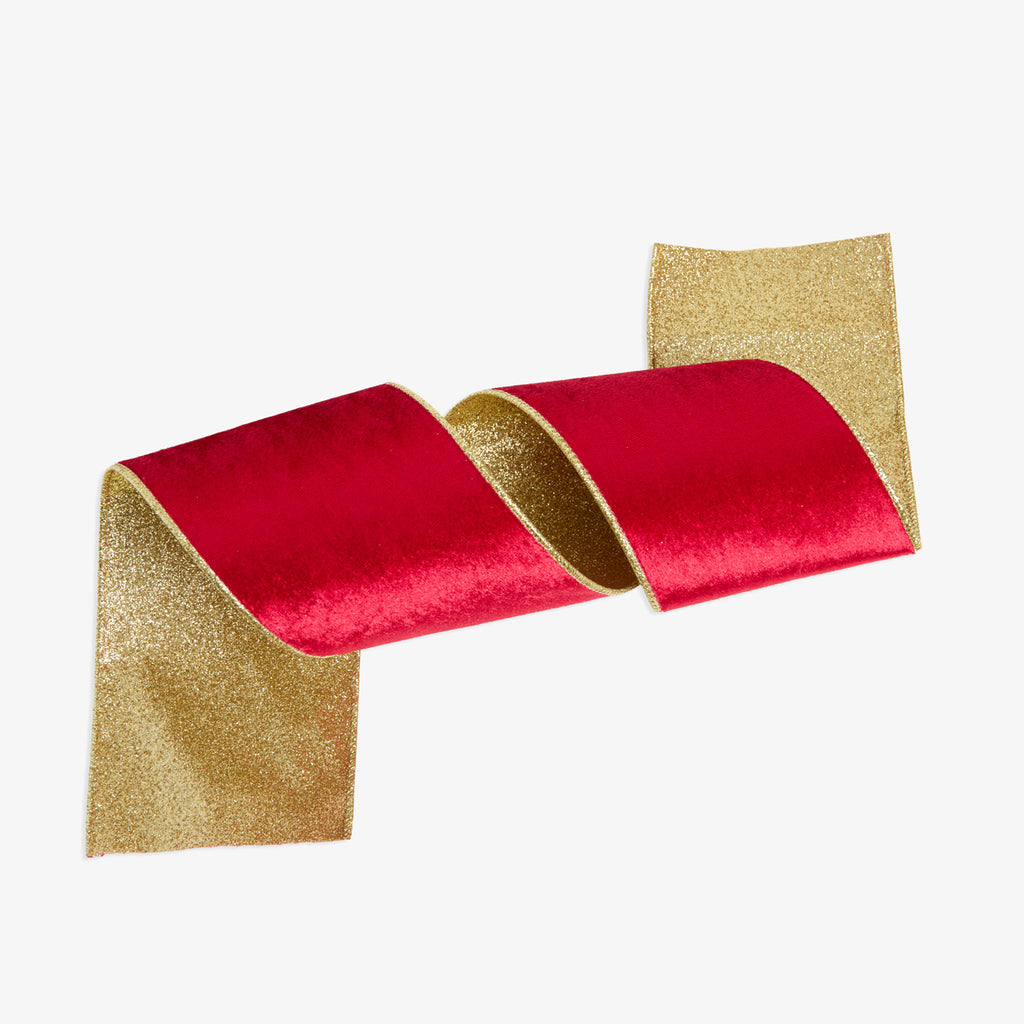Velvet & Sparkle Wire Ribbon (Red & Gold) Front View