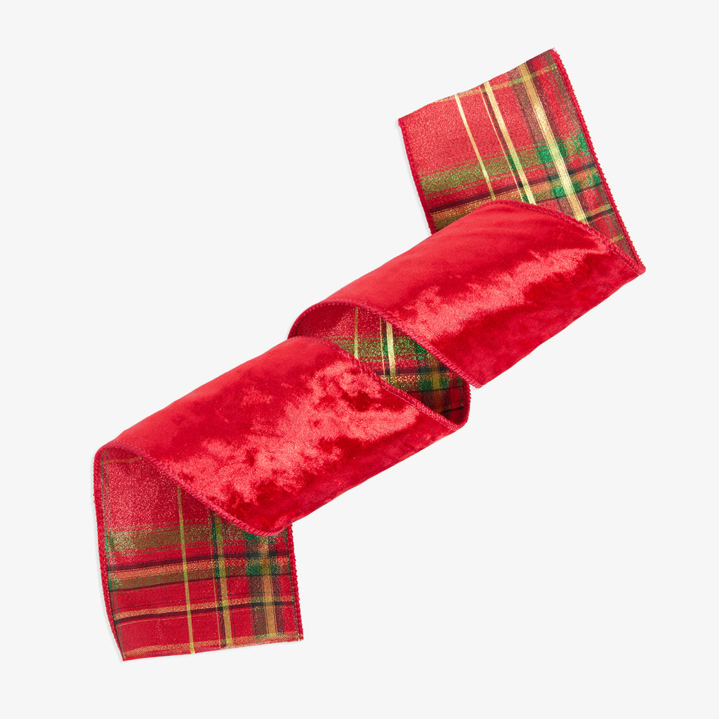 Velvet & Tartan Wire Ribbon (Red) Front View