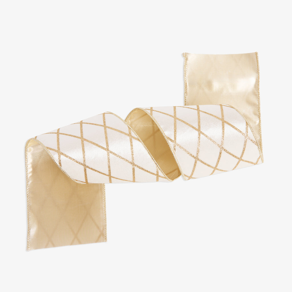 Velvet Trellis Wire Ribbon (Cream & Gold) Front View