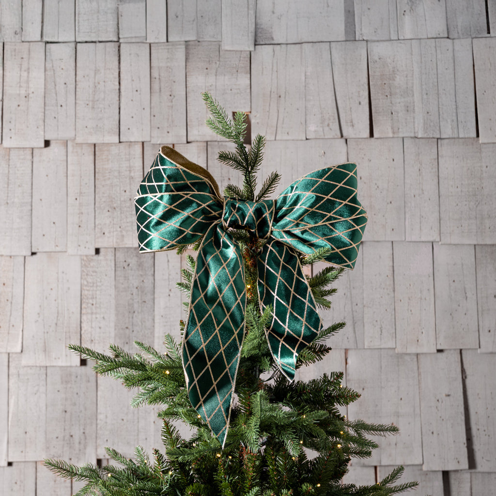 Velvet Trellis Wire Ribbon (Green & Gold) Styled on Christmas Tree in Bow