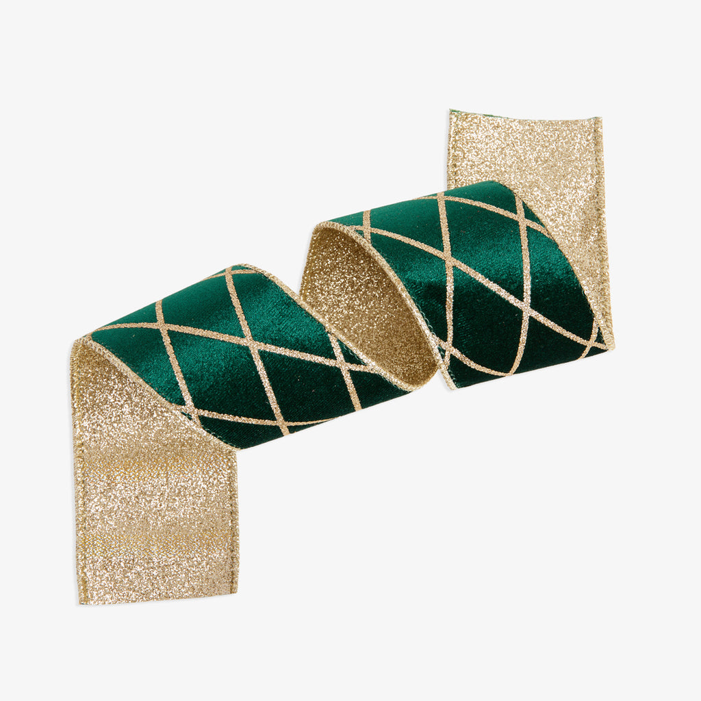 Velvet Trellis Wire Ribbon (Green & Gold) Front View