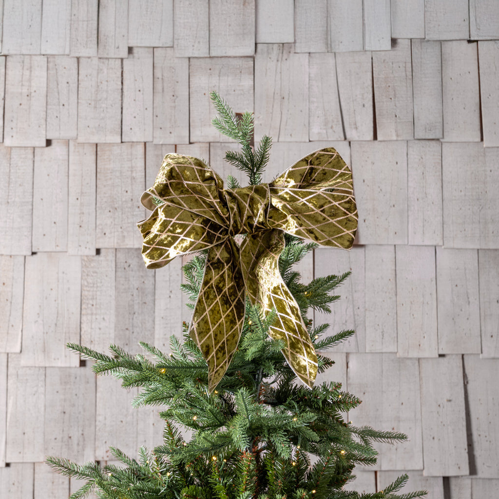 Velvet Trellis Wire Ribbon (Olive Green & Gold) Styled on Christmas Tree in Bow
