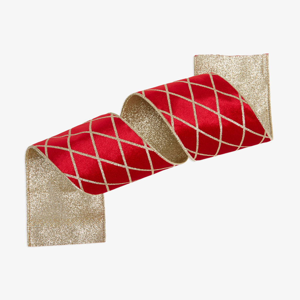 Velvet Trellis Wire Ribbon (Red & Gold) Front View