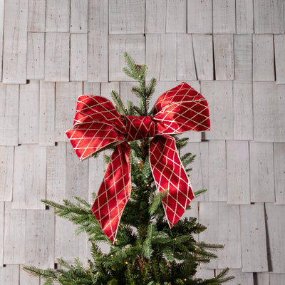 Velvet Trellis Wire Ribbon (Red & Gold) Styled on Christmas Tree in Bow