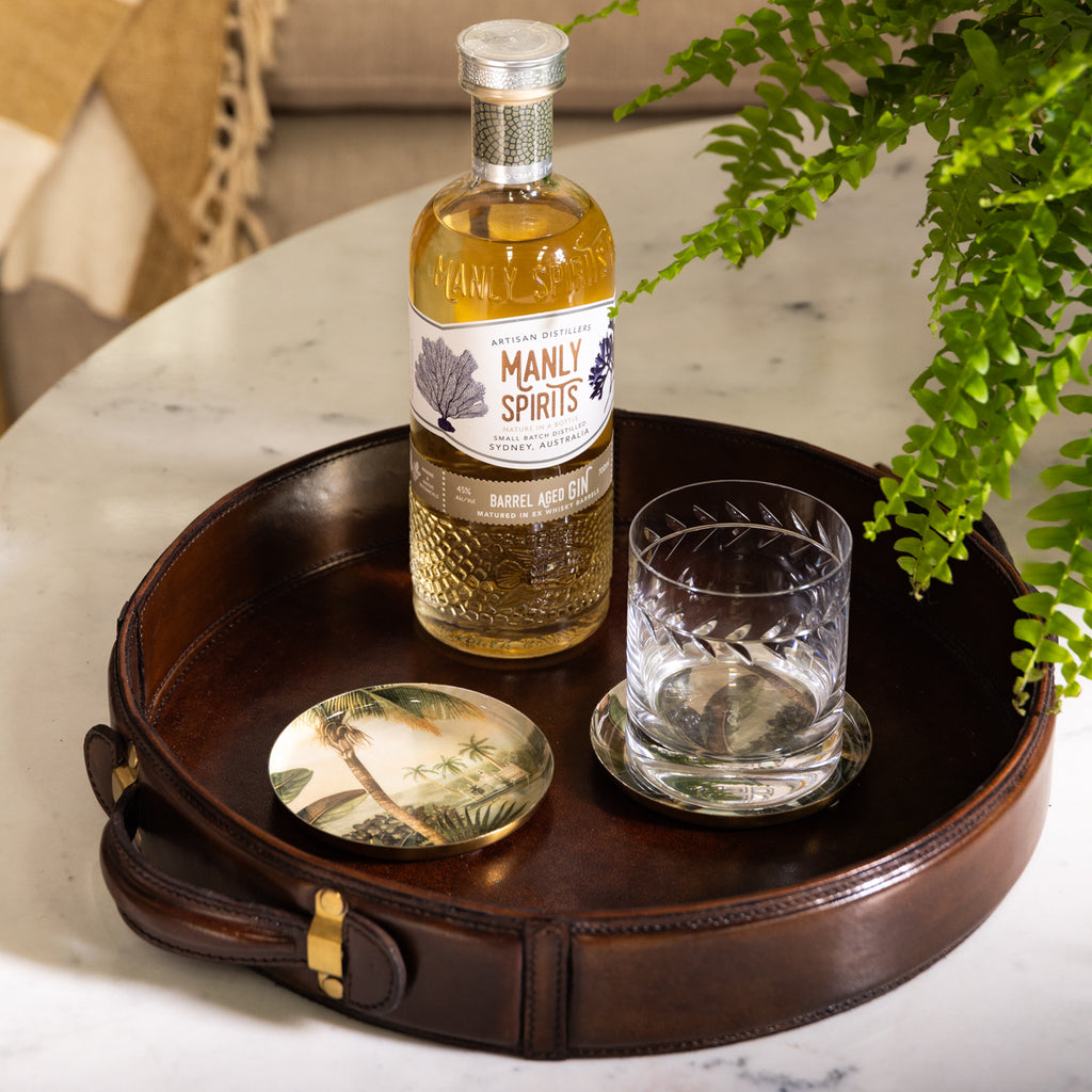 Vintage Palm Coasters Styled on Leather Tray on Coffee Table